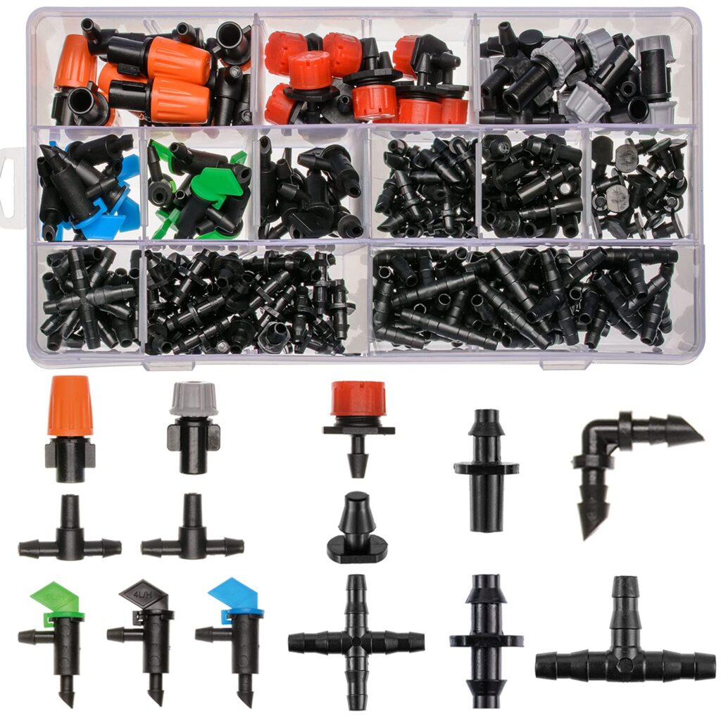 204Pcs Barbed Connectors Irrigation Fittings Kit,Drip Irrigation Barbed Connectors 1/4Tubing Fittings Kit for Flower Pot Garden Lawn(Straight Barbs,Single Barbs,Tees,Elbows,End Plug,4-Way Coupling)