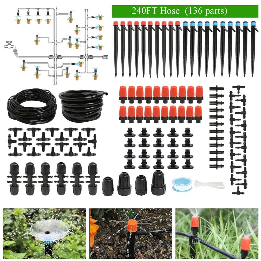 240FT Drip Irrigation System Kit, Automatic Garden Watering Misting System for Greenhouse, Yard, Lawn, Plant with 1/2 inch Hose 1/4 inch Distribution Tubing and Accessories