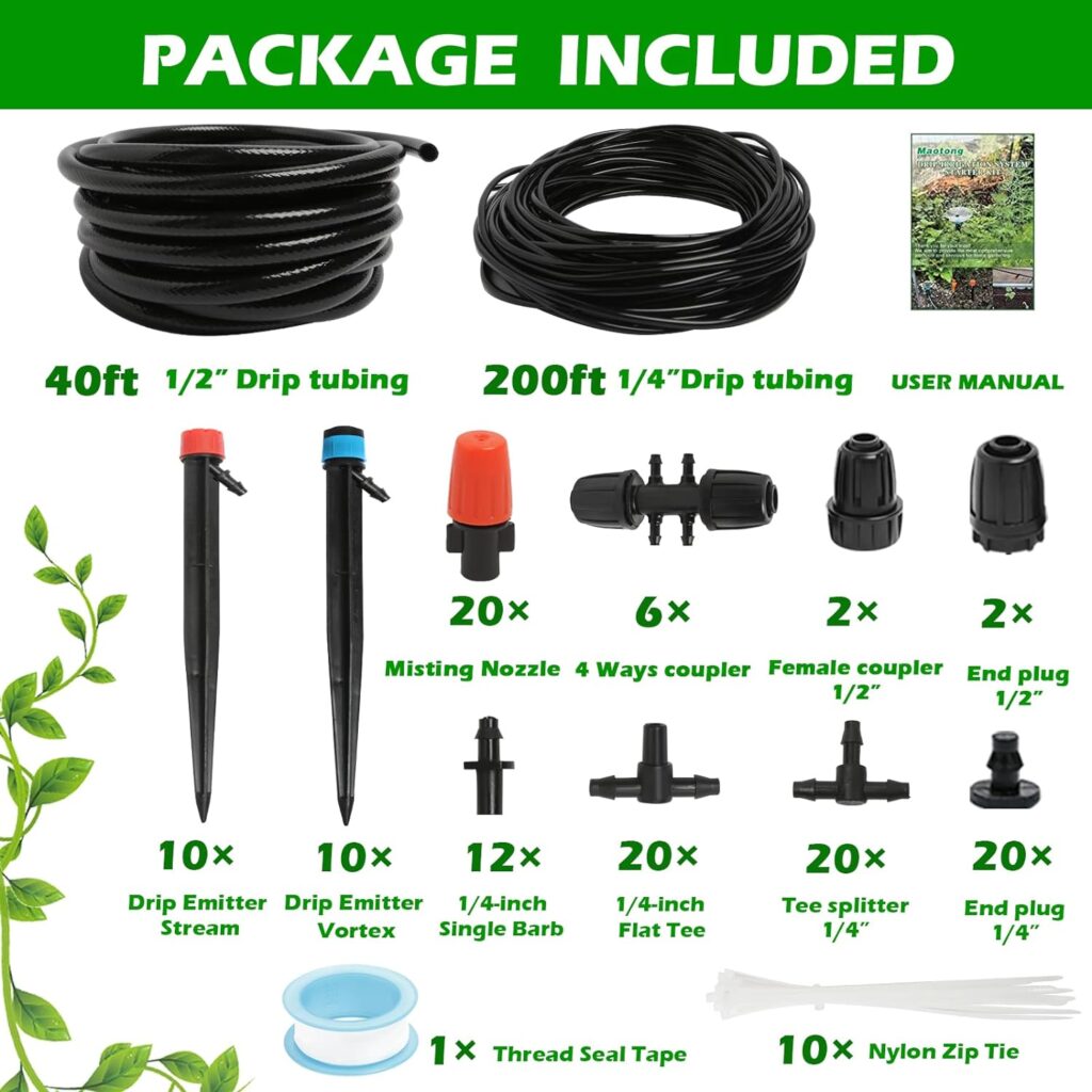 240FT Drip Irrigation System Kit, Automatic Garden Watering Misting System for Greenhouse, Yard, Lawn, Plant with 1/2 inch Hose 1/4 inch Distribution Tubing and Accessories