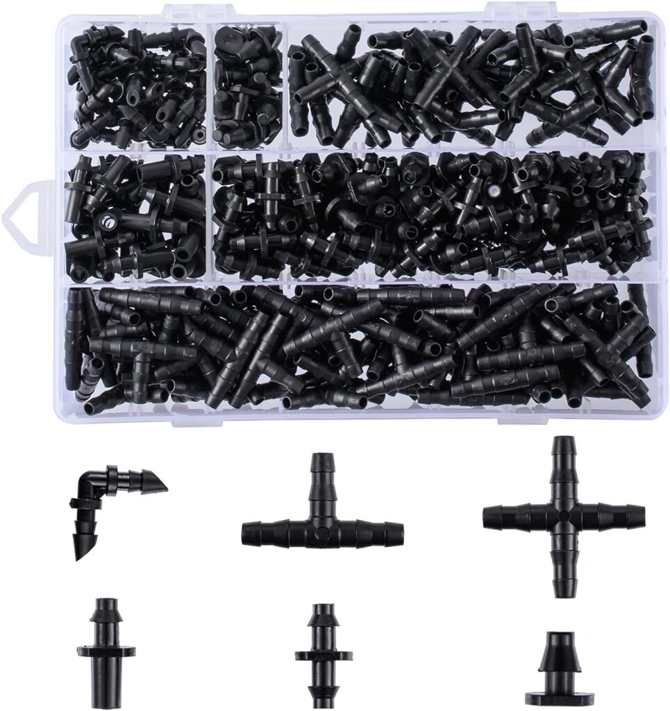 280 Pcs Barbed Connectors Irrigation Fittings Kit,Drip Irrigation Barbed Connectors 1/4Tubing Fittings Kit for Flower Pot Garden Lawn(Straight Barbs,Single Barbs,Tees,Elbows,End Plug,4-Way Coupling)