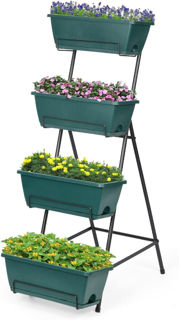 4 Tiers Vertical Raised Garden Bed, Planter Raised Beds Freestanding Elevated Planter Bed with Planter Tray for Indoor and Outdoor Flowers Herbs Vegetables, Green