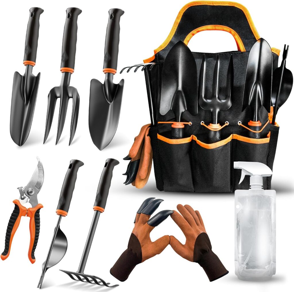 Garden Tool Set 10Pcs, Heavy Duty Gardening Tool Set, with Non-Slip Rubber Grip, Durable Garden Tools Organizer Handbag, Outdoor Hand Tools, Ideal Gardening Tool Kit Gifts for Women and Men