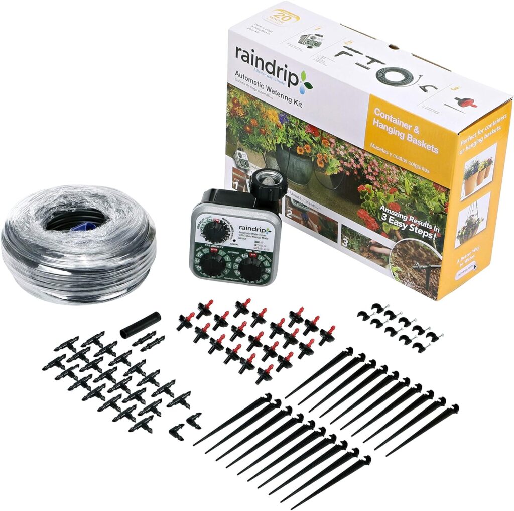 Raindrip R560DP Automatic Drip Irrigation Watering Kit with Timer for Containers and Hanging Baskets, Waters up to 20 Plants, Includes Timer with Customizable Settings and 20 PC Drippers,Black