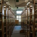 brown wooden shelves in a library