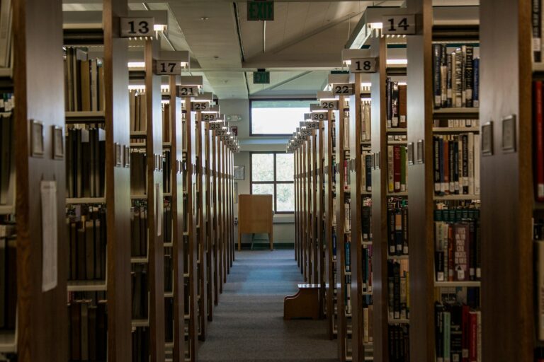 brown wooden shelves in a library